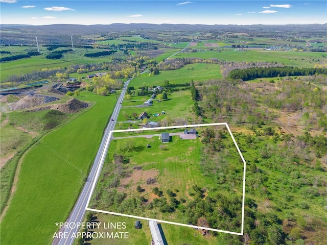 bird's eye view featuring a mountain view and a rural view