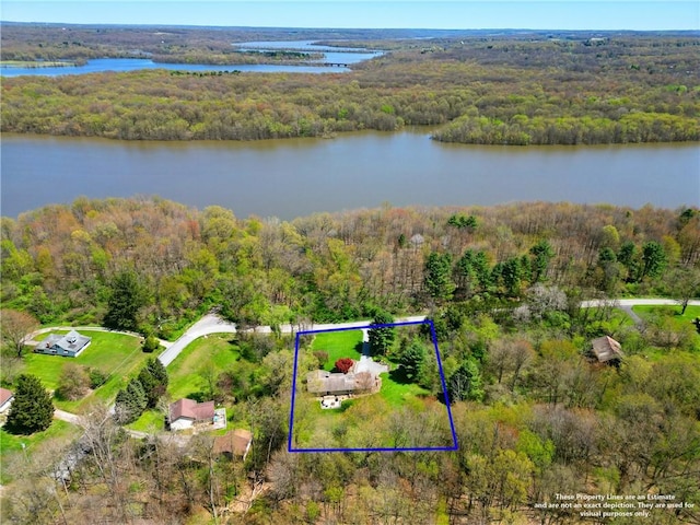 bird's eye view with a water view and a wooded view