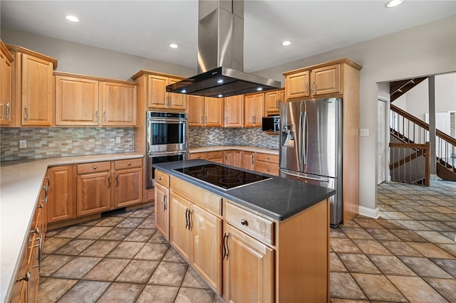 127 Bridle Trl, Peters Twp, PA 15367 - kitchen with stone tile flooring, a center island, tasteful backsplash, island exhaust hood, and stainless steel appliances