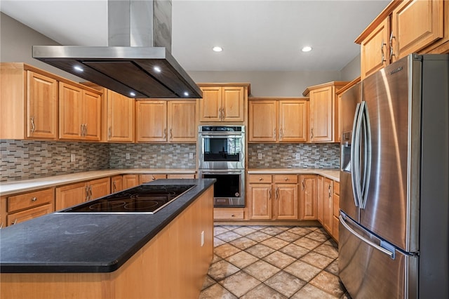 127 Bridle Trl, Peters Twp, PA 15367 - kitchen with appliances with stainless steel finishes, recessed lighting, decorative backsplash, island range hood, and a kitchen island