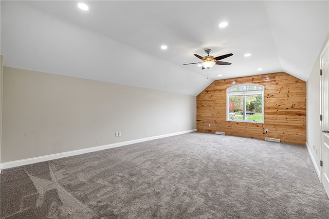 127 Bridle Trl, Peters Twp, PA 15367 - bonus room with ceiling fan, wood walls, baseboards, lofted ceiling, and visible vents