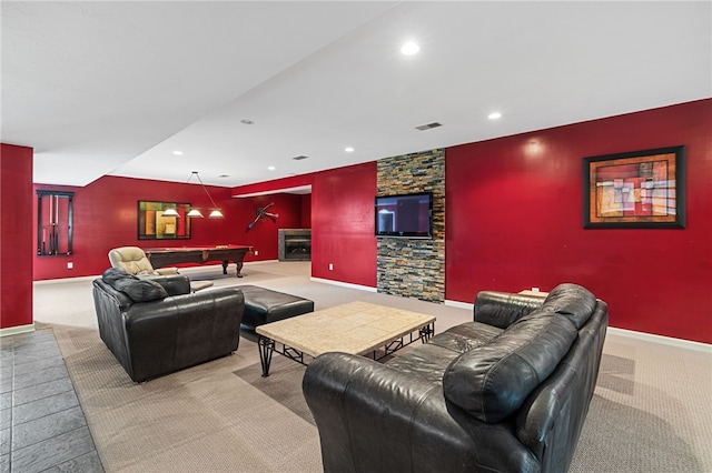 127 Bridle Trl, Peters Twp, PA 15367 - carpeted living area featuring recessed lighting, pool table, baseboards, and an accent wall