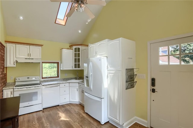 1060 Cherry Hill Rd, North Sewickley Twp, PA 16117 - kitchen with white appliances, ceiling fan, under cabinet range hood, and plenty of natural light