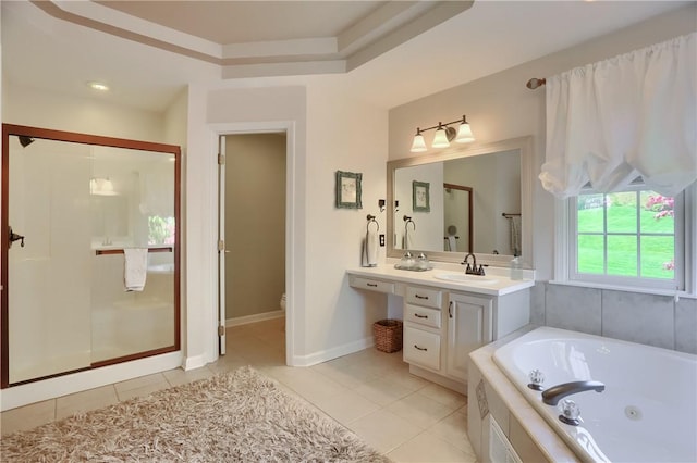 bathroom with a whirlpool tub, a stall shower, and tile patterned floors