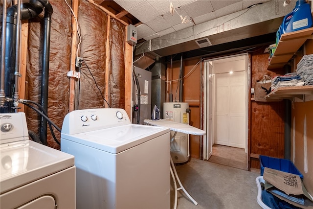 948 Broglie Dr, South Park, PA 15236 - washroom with washer and dryer, laundry area, heating unit, visible vents, and electric water heater
