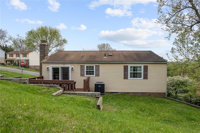 948 Broglie Dr, South Park, PA 15236 - rear view of house with roof with shingles, a chimney, a yard, and cooling unit