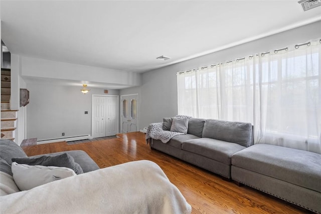 638 Morningstar Dr, Franklin Twp, PA 16117 - living area featuring visible vents, baseboards, wood finished floors, and baseboard heating