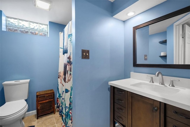 638 Morningstar Dr, Franklin Twp, PA 16117 - bathroom featuring vanity, tile patterned flooring, toilet, and curtained shower