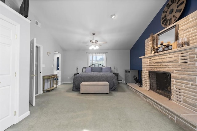 638 Morningstar Dr, Franklin Twp, PA 16117 - carpeted bedroom featuring ceiling fan, a fireplace, baseboards, vaulted ceiling, and visible vents