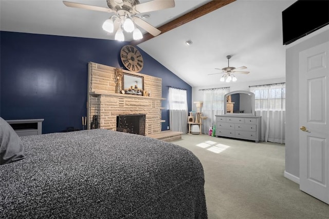 638 Morningstar Dr, Franklin Twp, PA 16117 - bedroom featuring carpet floors, a brick fireplace, baseboards, ceiling fan, and lofted ceiling with beams