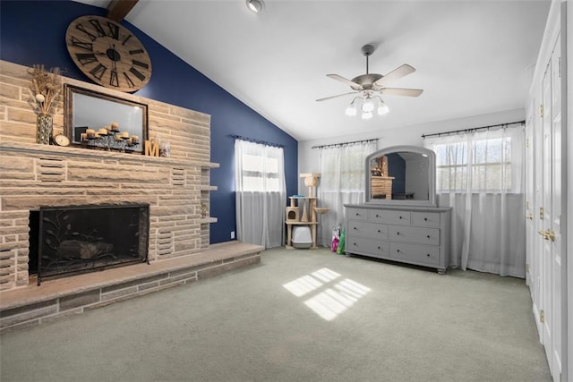 638 Morningstar Dr, Franklin Twp, PA 16117 - interior space featuring ceiling fan, a fireplace with raised hearth, and lofted ceiling