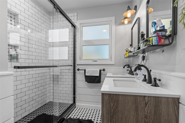 638 Morningstar Dr, Franklin Twp, PA 16117 - bathroom with double vanity, a sink, a stall shower, and tile patterned floors