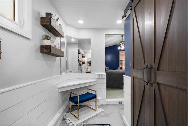 638 Morningstar Dr, Franklin Twp, PA 16117 - bathroom with recessed lighting, ceiling fan, and ensuite bath