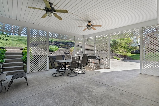 638 Morningstar Dr, Franklin Twp, PA 16117 - view of patio / terrace featuring stairs, a ceiling fan, and outdoor dining space