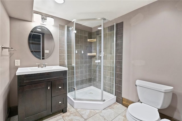 full bathroom with vanity, tile patterned floors, a shower stall, and toilet