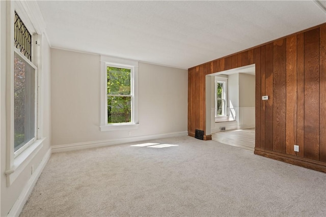 carpeted empty room with wooden walls and baseboards
