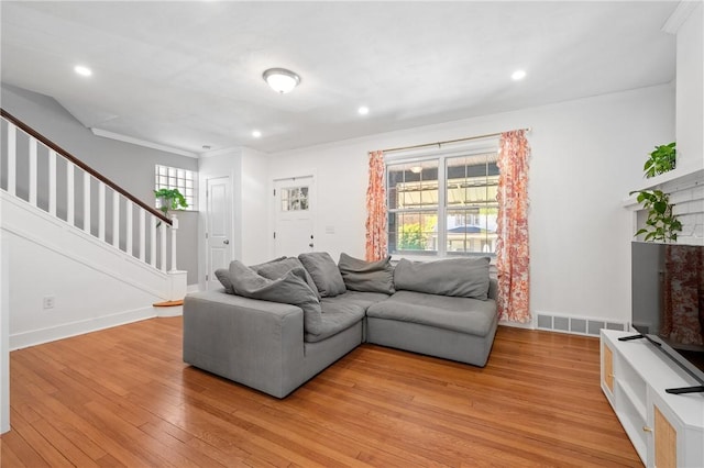 1117 Woodbourne Ave, Brookline, PA 15226 - living room featuring visible vents, stairway, baseboards, recessed lighting, and light wood-style flooring