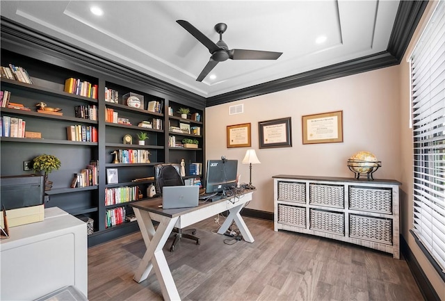 131 Woodford Dr, Adams Twp, PA 16033 - home office featuring ceiling fan, visible vents, wood finished floors, ornamental molding, and recessed lighting