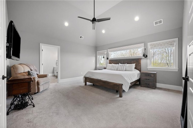 131 Woodford Dr, Adams Twp, PA 16033 - bedroom featuring ceiling fan, light colored carpet, high vaulted ceiling, baseboards, and visible vents
