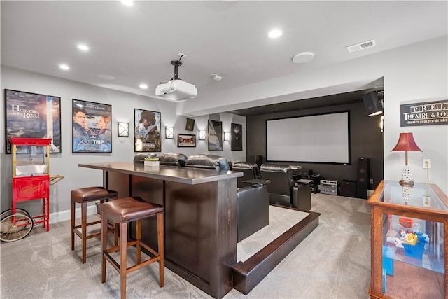 131 Woodford Dr, Adams Twp, PA 16033 - cinema room with visible vents, light carpet, baseboards, recessed lighting, and a dry bar