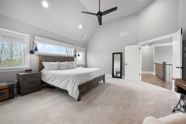 131 Woodford Dr, Adams Twp, PA 16033 - carpeted bedroom featuring visible vents, recessed lighting, a ceiling fan, and high vaulted ceiling