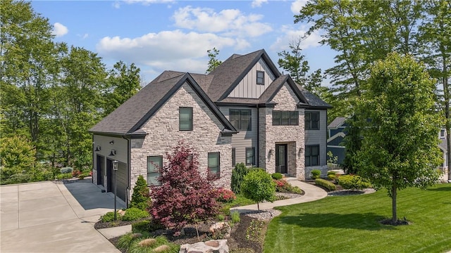 131 Woodford Dr, Adams Twp, PA 16033 - view of front of home featuring stone siding, board and batten siding, driveway, and a front lawn