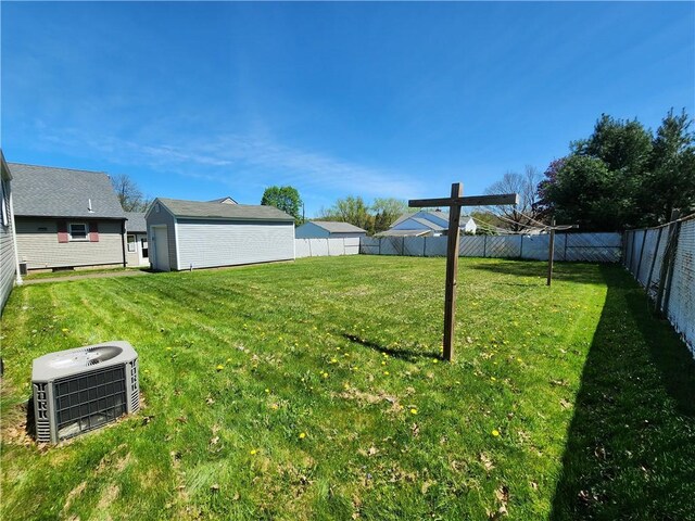 view of yard featuring a fenced backyard and central AC