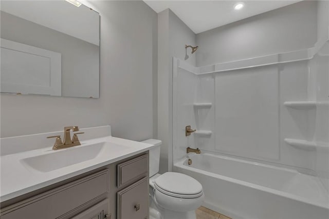 full bathroom with vanity, toilet, tile patterned floors, recessed lighting, and bathing tub / shower combination