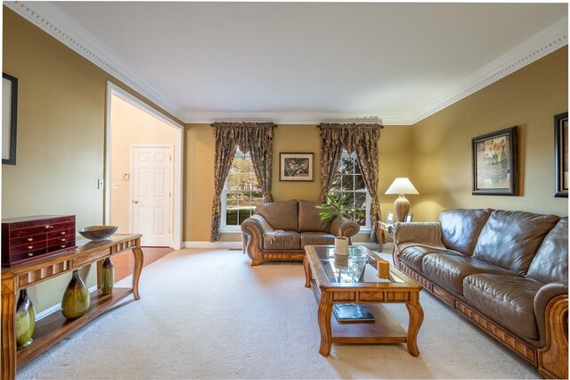 carpeted living area with crown molding and baseboards