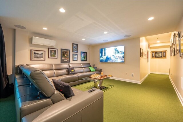 carpeted living room featuring baseboards, a wall mounted AC, and recessed lighting
