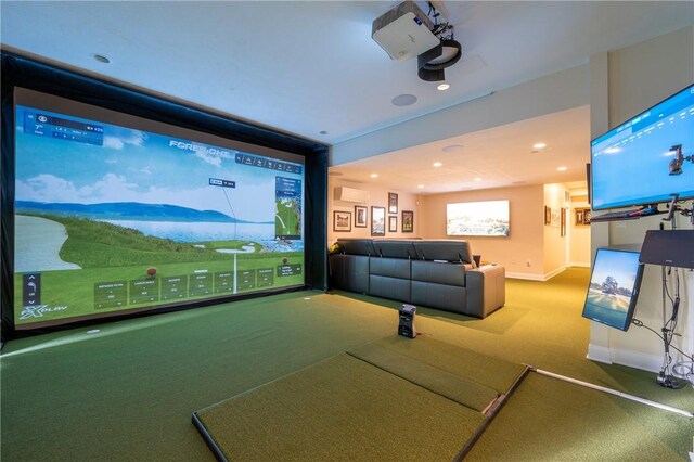 home theater room with baseboards, carpet flooring, golf simulator, and recessed lighting