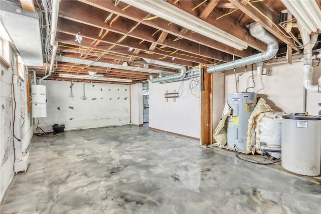 unfinished below grade area with water heater and gas water heater