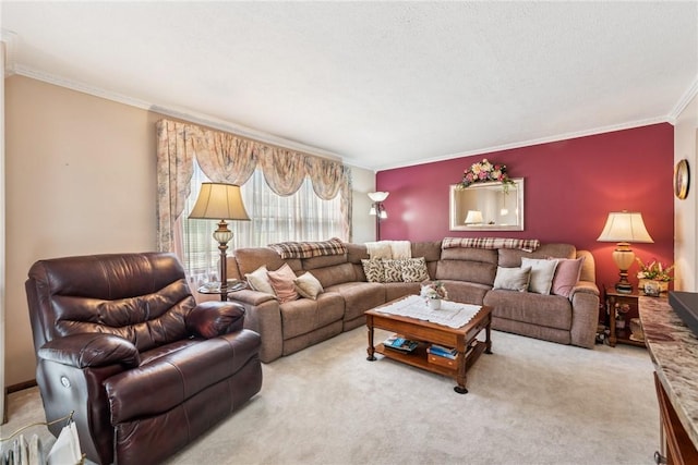 living room with crown molding and carpet flooring