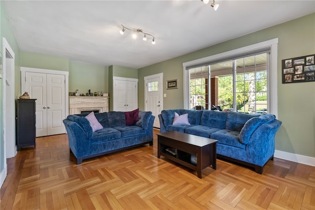 living room with baseboards, track lighting, and a fireplace
