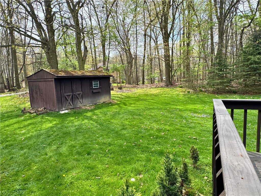 view of yard featuring an outdoor structure and a shed