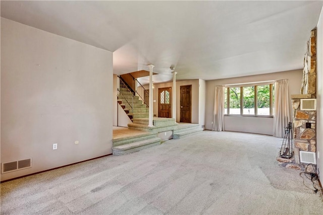 2408 Georgette St, Overbrook, PA 15234 - unfurnished living room featuring visible vents, carpet flooring, stairs, and baseboards