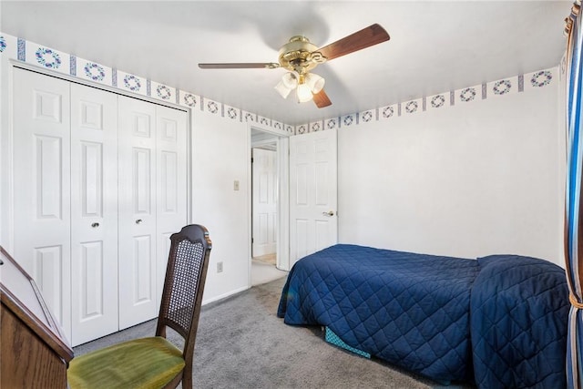 bedroom featuring a closet, carpet, ceiling fan, and baseboards
