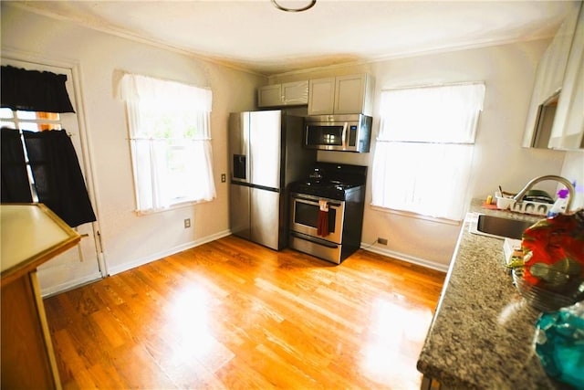 kitchen featuring ornamental molding, baseboards, a sink, light wood finished floors, and appliances with stainless steel finishes