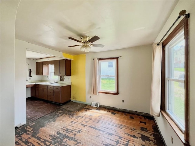kitchen with light countertops, a wealth of natural light, ceiling fan, and visible vents