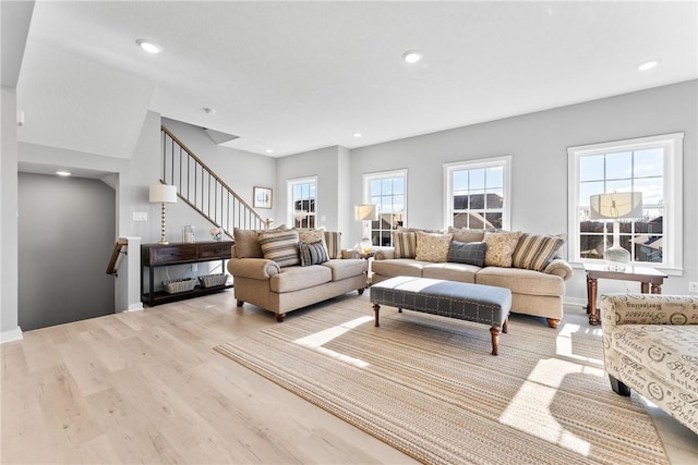 175 Lockheed Dr, Moon/Crescent Twp, PA 15108 - living room featuring stairway, recessed lighting, baseboards, and light wood-type flooring