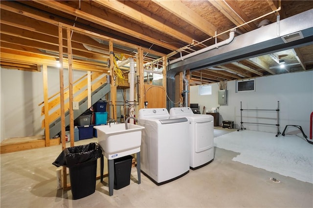 1470 Yorktown Dr, Cecil, PA 15055 - laundry area featuring washer and dryer, laundry area, a sink, visible vents, and electric panel
