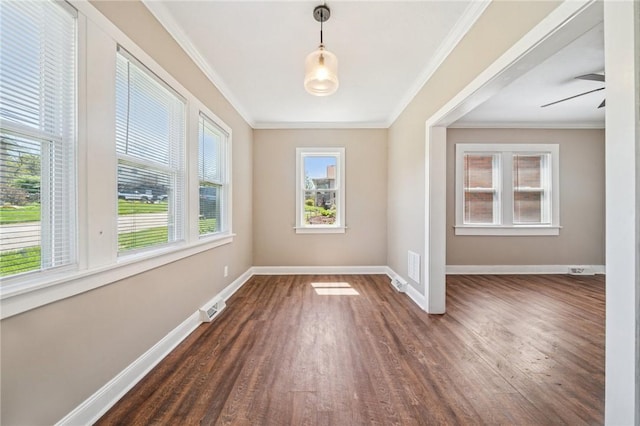 5672 6th St, Baldwin Boro, PA 15236 - unfurnished dining area featuring visible vents, dark wood finished floors, crown molding, and baseboards