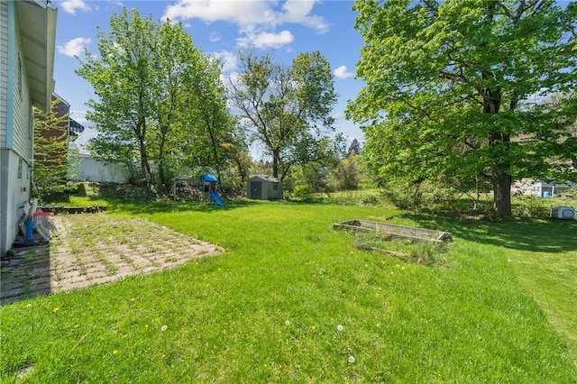view of yard with a patio, an outbuilding, and a shed