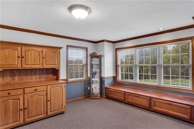 interior space featuring crown molding, baseboards, and light colored carpet