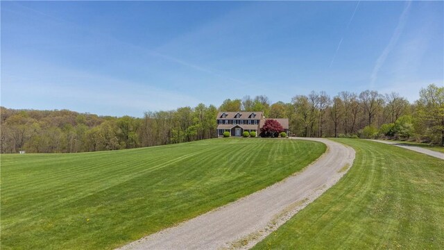 view of home's community with a yard, a forest view, and driveway