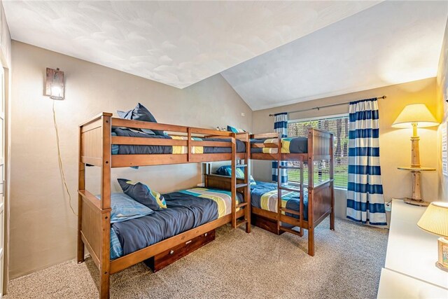 bedroom with carpet floors and lofted ceiling