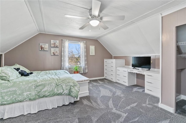 244 S Rebecca St, Saxonburg Boro, PA 16056 - bedroom with dark carpet, baseboards, ceiling fan, and lofted ceiling