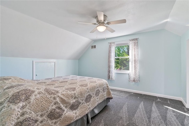 244 S Rebecca St, Saxonburg Boro, PA 16056 - carpeted bedroom with visible vents, baseboards, ceiling fan, and lofted ceiling