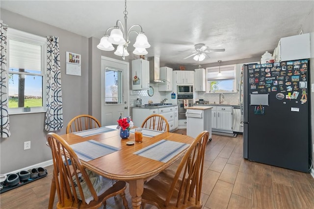 244 S Rebecca St, Saxonburg Boro, PA 16056 - dining room with baseboards, ceiling fan with notable chandelier, and wood finished floors