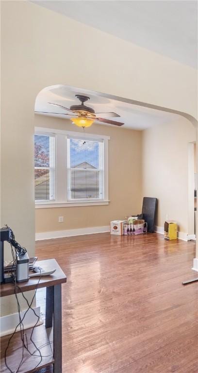 4128 Winterburn, Greenfield, PA 15207 - interior space with arched walkways, baseboards, a ceiling fan, and wood finished floors